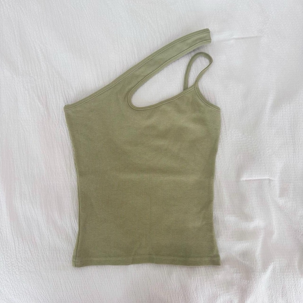 Beige Botany Olive Green Asymmetrical One Shoulder Tank Top in Size S